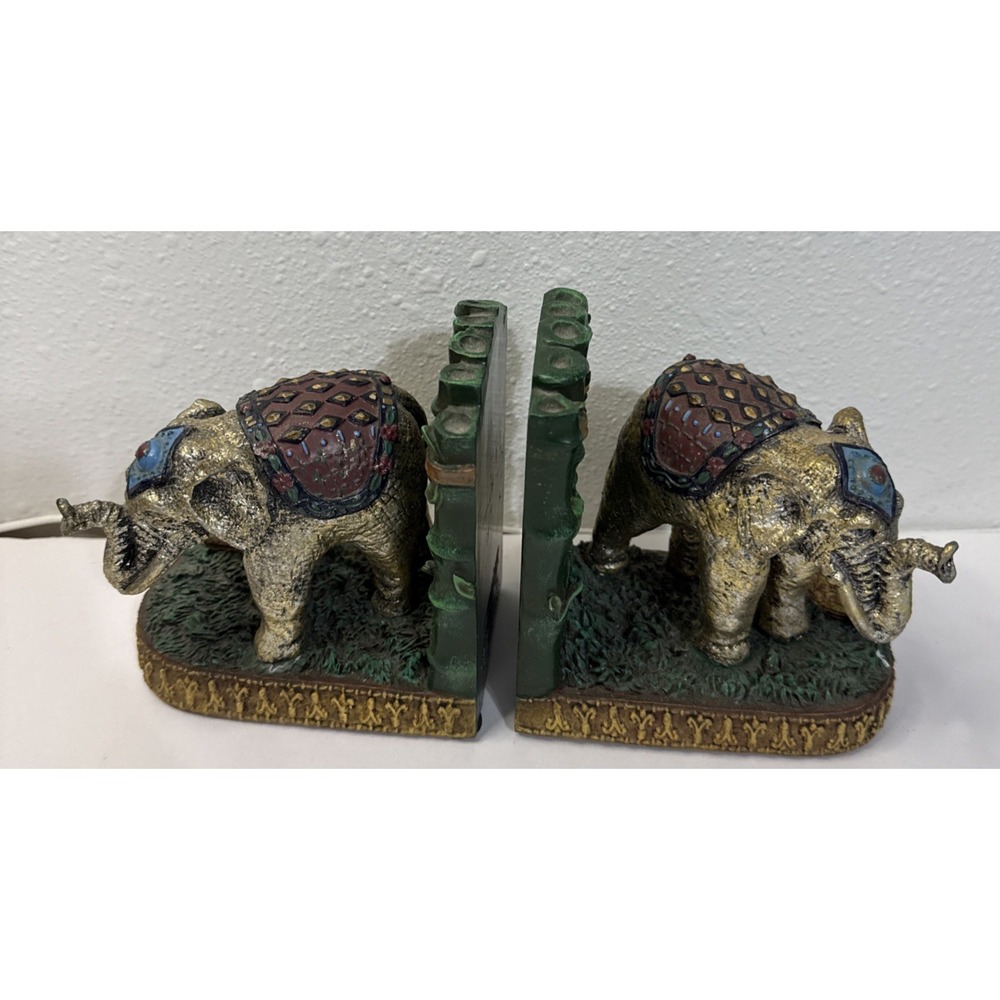Vintage 1998 Elephant + Bamboo CBK LTD Union City Asian Indian Bookend Pair
